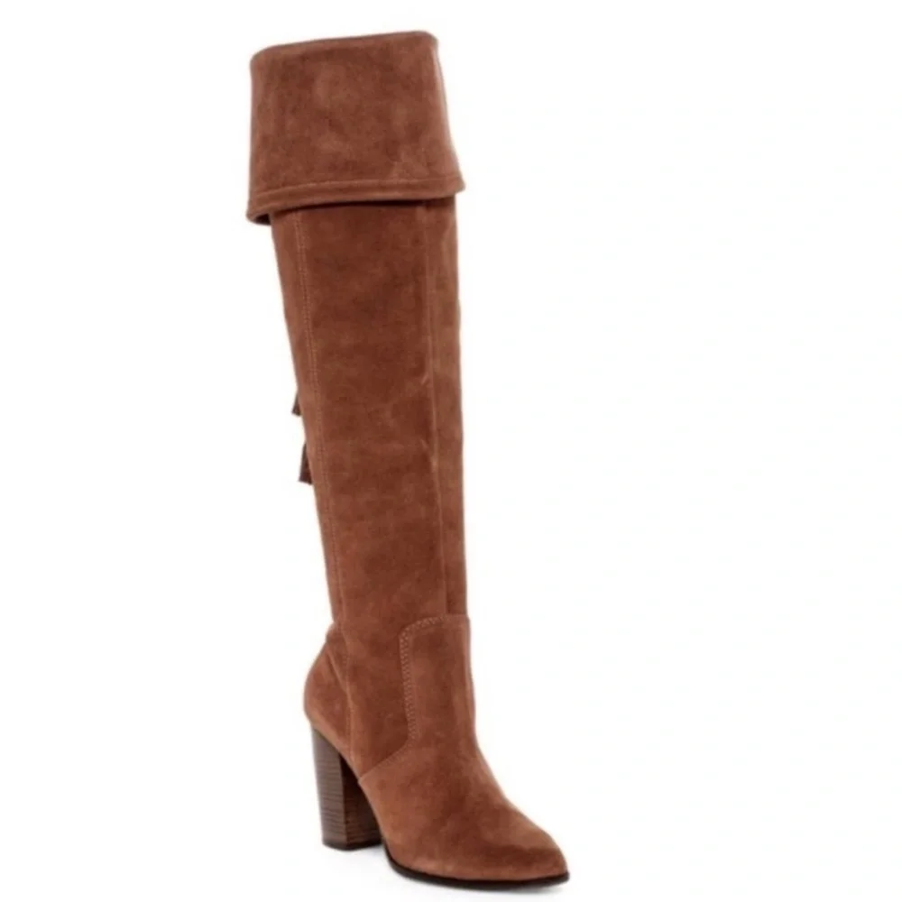 M4D3 Rafaelle Camel Brown Leather Boots Over Knee Tassel Ties Sz 9.5